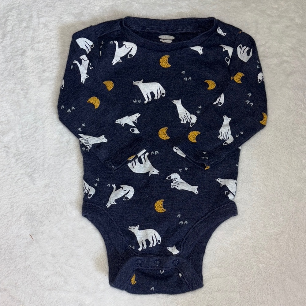 (3 for $10) old navy Navy Blue wolf Print One Piece bodysuit 3-6 months baby boy